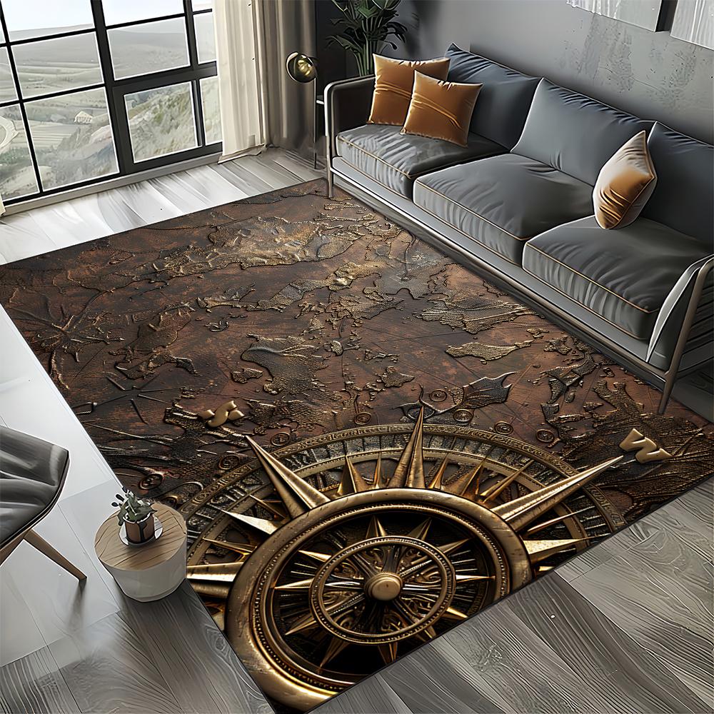 2025 New Style Retro Marine Nautical Chart Compass Carpet Rug for Home Living Room Bedroom Sofa Doormat Decor,Non-slip Floor Mat