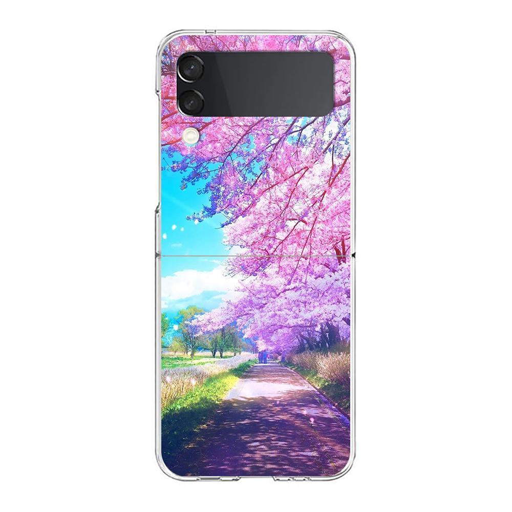 Cherry Blossoms Japanese Traint Moun For Samsung Galaxy Z Flip 3 4 5 Hard Folding Clear PC Phone Case For Samsung Z Flip3 Cover