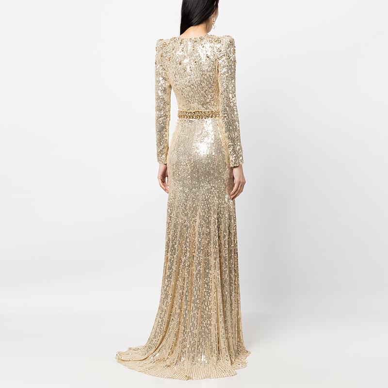Luxury Gold Sequin Evening Gown with Heavy Beading and Rhinestones - 2026 European & American Celebrity Style