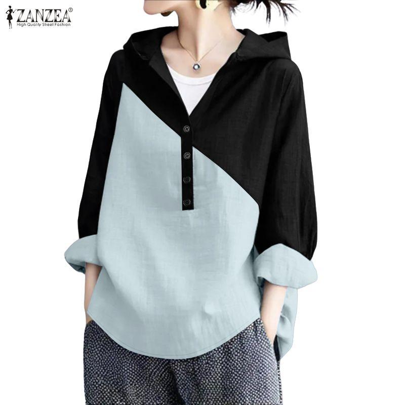 

ZANZEA Women Casual V-Neck Loose Long Sleeve Patchwork Hoodies Blouse 5XL синий