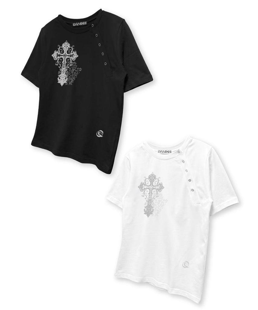 Damiswi Vintage Cross Diagonal Button T-Shirt_Black