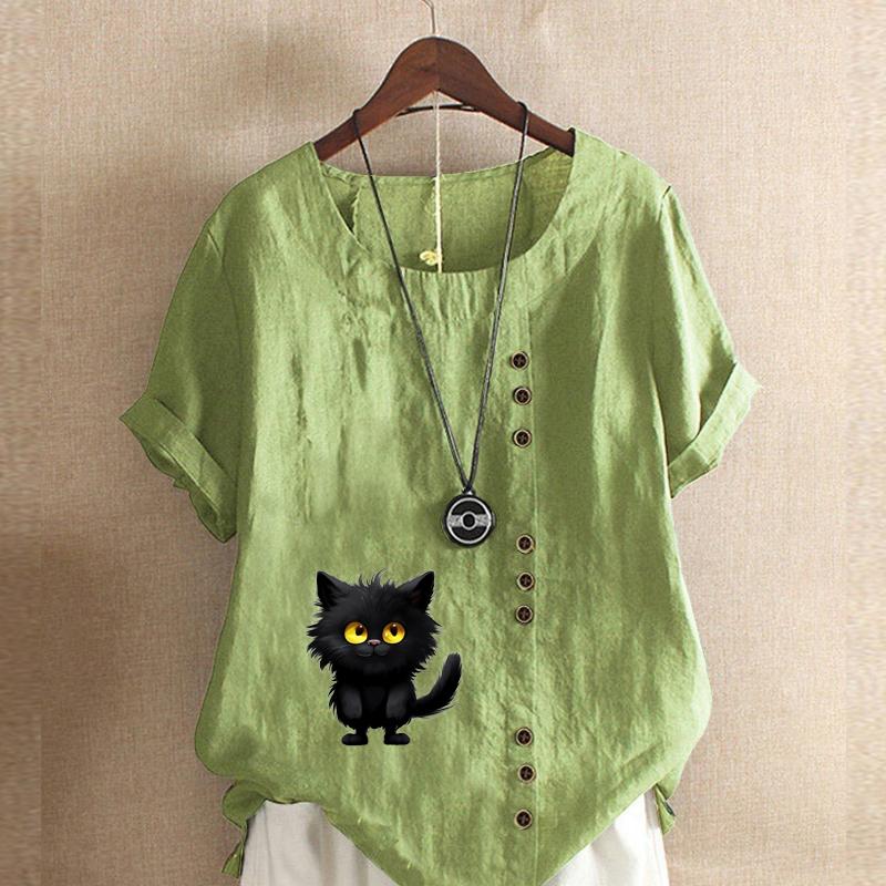 Damenmode, T-Shirt mit schwarzem Katzen-Print, kurzärmelig, lockeres Baumwollhemd, lässige Sommerbluse, Tops, Übergröße