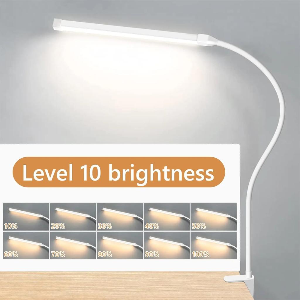 New A LED Desk Lamp with Clamp, Eye-Caring Clip On Lights   Office, 3 Modes 10 Brightness, Long Flexible Gooseneck,Metal
