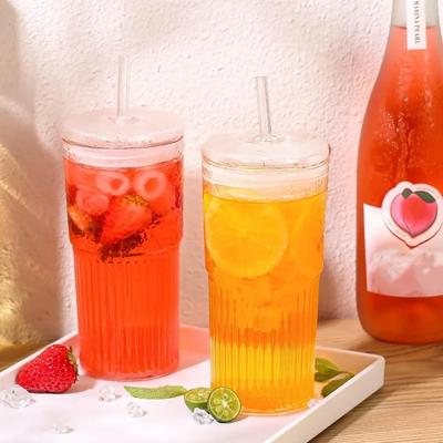 600ML Glass Cup Milk Coffee Cup with Lid And Straw Transparent Stripe Water Mug Drinking Glasses Juice Tea Cup Drinkware