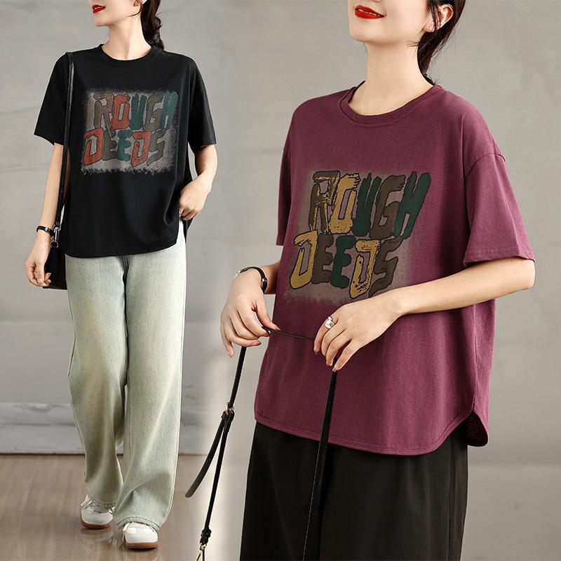 DIMANAF 2025 Kadın Yeni Yazlık Bol Büyük Beden Tişört Kısa Kollu Pamuk Vintage Baskılı Üstler Tişörtler Maksi