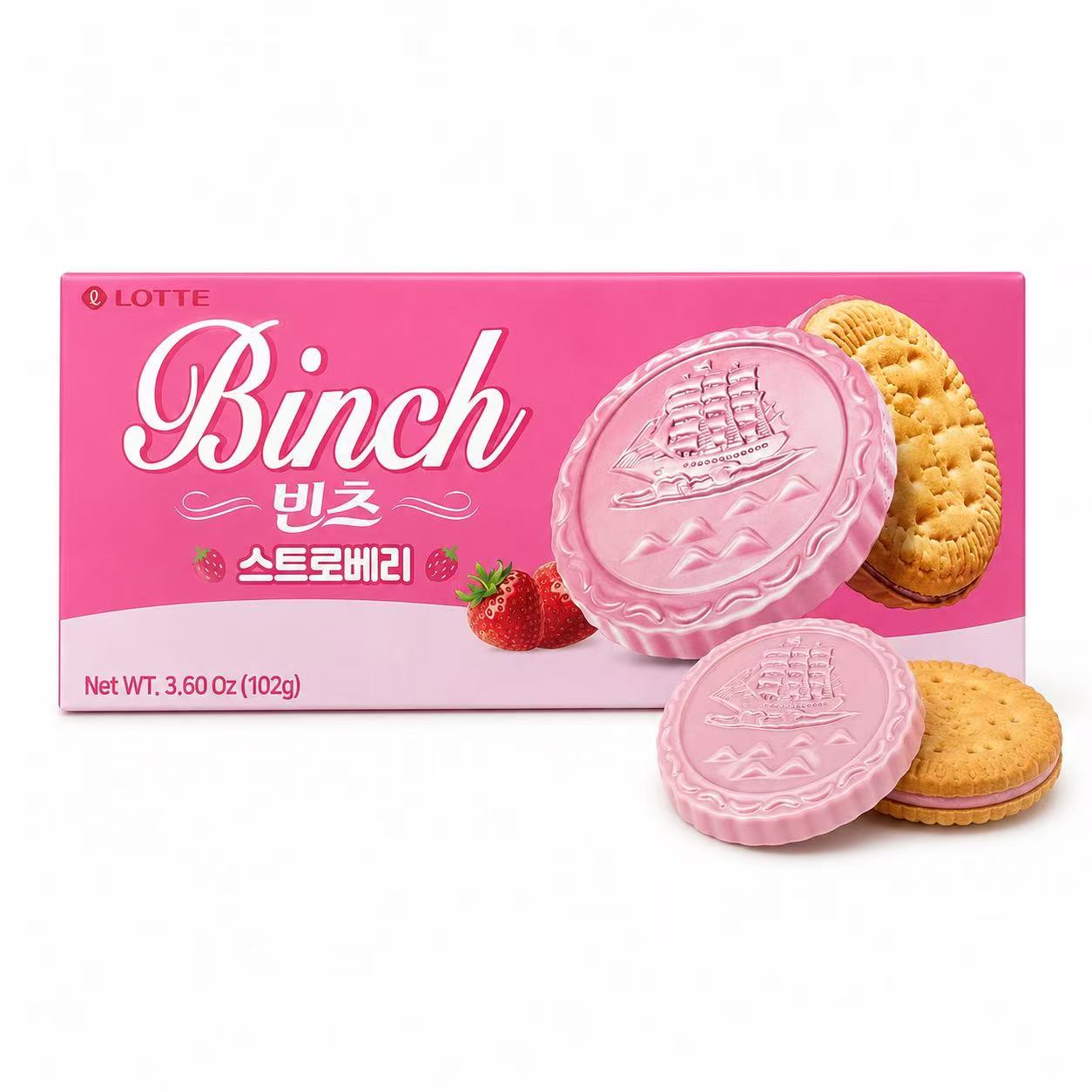 Lotte Binch Strawberry Compound Chocolate Biscuits 102g | Silky Strawberry Coating, Crispy Buttery Biscuit, Individually Packed 102g*1pcs