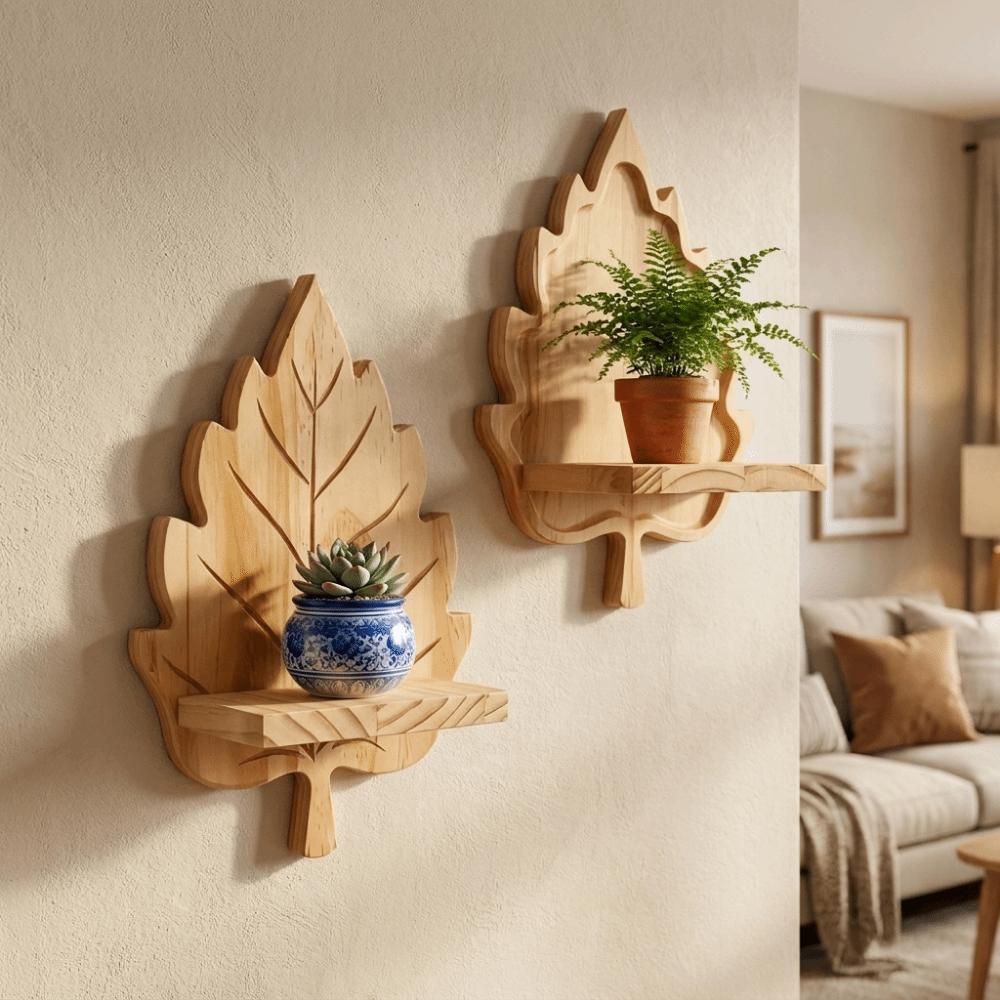 Nature Style Maple Leaf Wall Shelf Wooden Wall Mounted Leaf Shelf  for Living Room