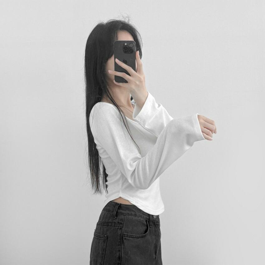 tops Women's Korean Fashion Tops Cut and Sew Long Sleeve Cropped Short Length Slim Stretch Plain Solid Color Affordable Simple Feminine Casual Autumn