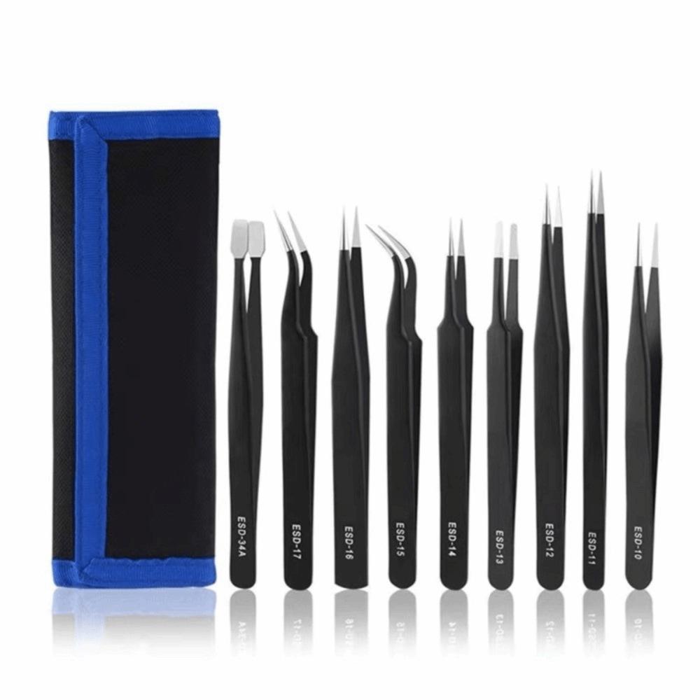 9/10/11Pcs Stainless Steel Antistatic Tweezers Anti-Static Electronic Tweezers  Mobile Phone Repair
