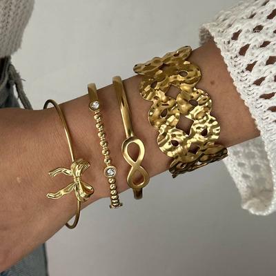 Stainless Steel Cuff Bangle for Women Fashion Gold Color Geometry Hollow Bowknot Bracelet Summer Waterproof Jewelry Girls