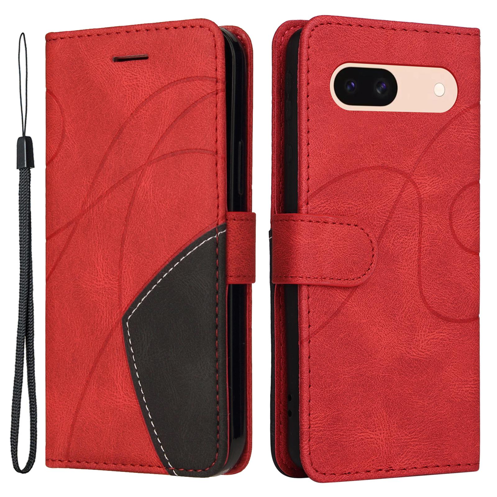 

For Google Pixel 8a Leather Case Wallet Stand Color Splicing Phone Cover Red