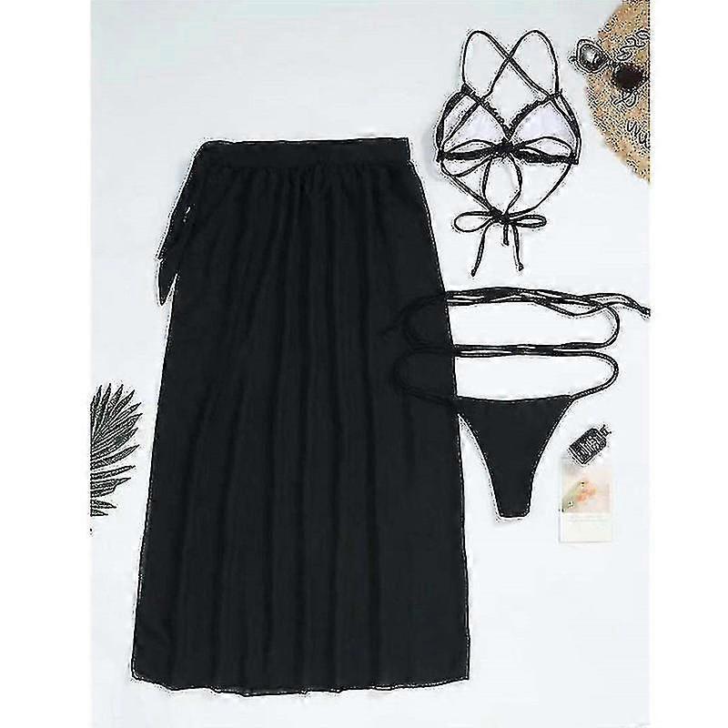Women's Wrap Triangle Bikini Bathing Suits With Mesh Beach Skirt 3 Piece Swimsuits - Ri
