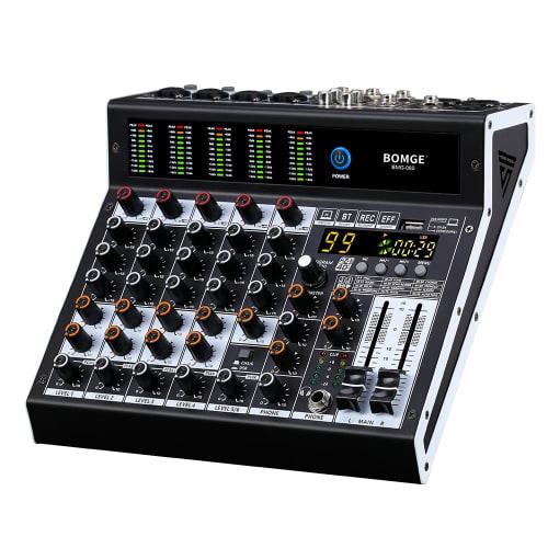 BOMGE Pro Mixer 6-Channel Mixer Console with 99 DSP Effects, +48V Phantom, Bluetooth, USB Interface, 2 AUX, and FX Processor for Studio Recording and