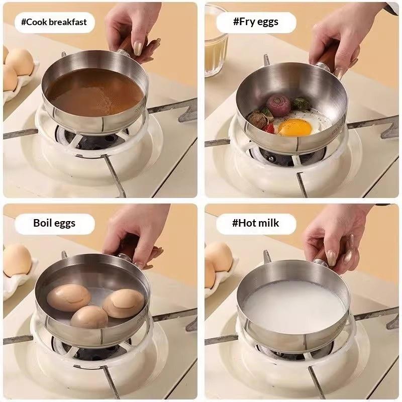 17Cm/14Cm Stainless Steel Cooking Pans With Wooden Handle & Glass Lid - Multi-Purpose Small Pots For Noodles And Eggs