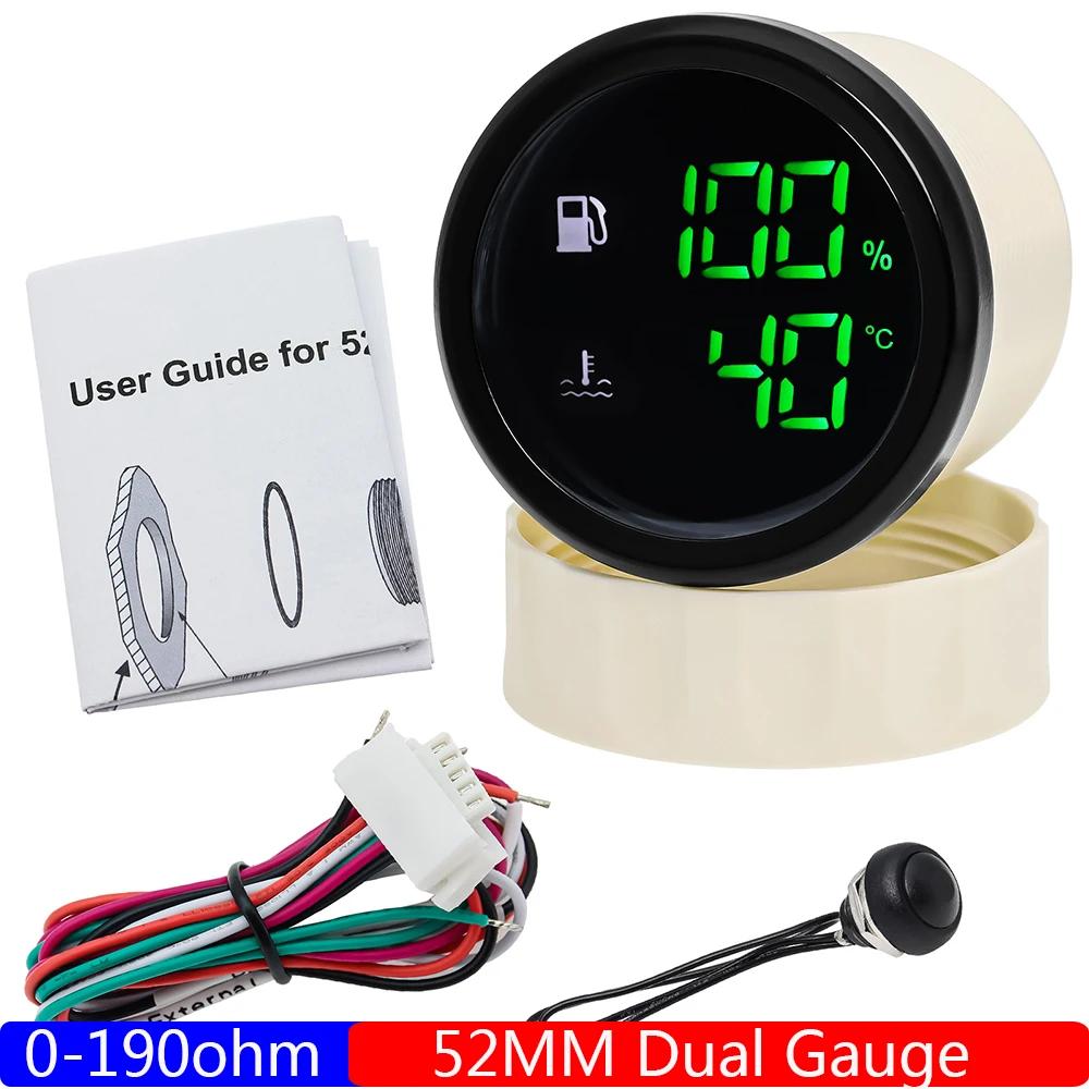 Multi Digital Dual 52mm Gauge Fuel Level+Water Temperature Gauge 2 In 1 with Alarm Fuel Level Sensor Water Temp Sensor Custom Gauge without Sensor