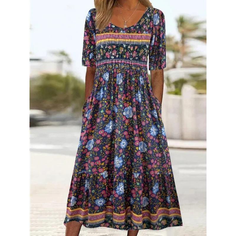 Vintage Women's Cotton Ethnic Summer T-Shirt Dress Floral Print Midi Dress