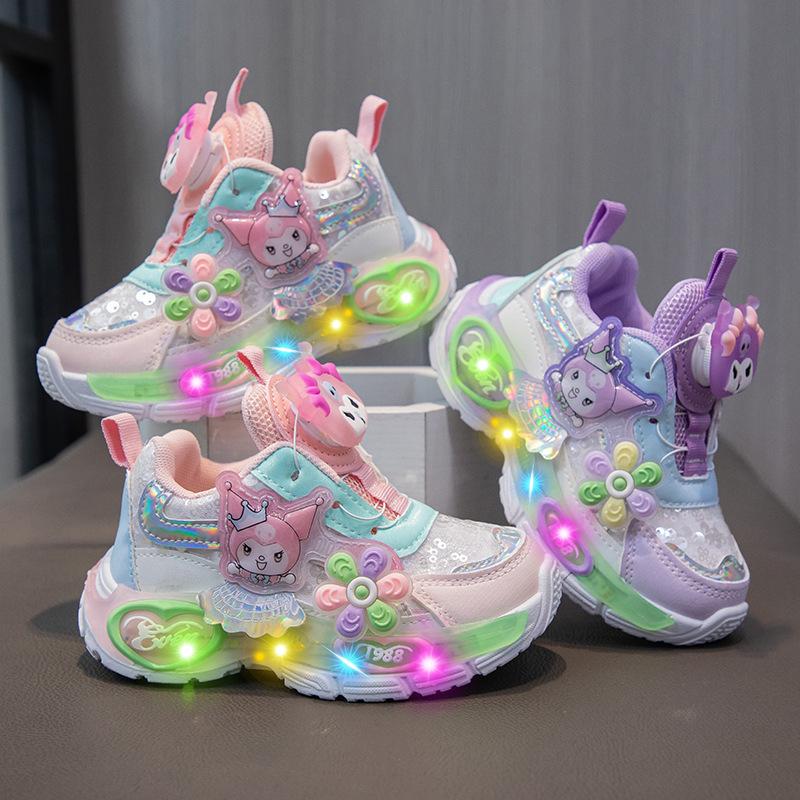 Girl's New Model Rotating Buckle Sports Shoes with Breathable Lights and Dad-style Design