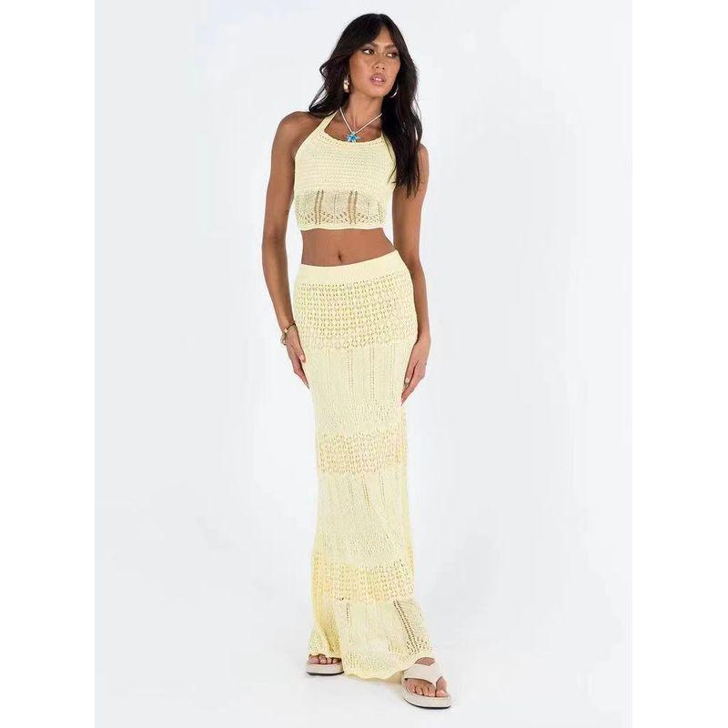 

Elsa Western Style 2025 Spring and Summer New Sexy Hollow Crochet Sling Sheath Skirt sets Two-piece Set Women Yellow S