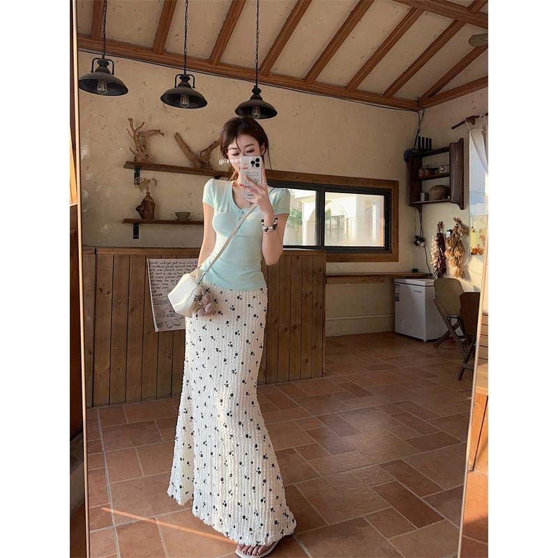 Kumikumi French style Gentle Set Slim fit Slimming Short sleeve T-shirt Women clothes Summer High Waist Hip Skirt Two-piece Set