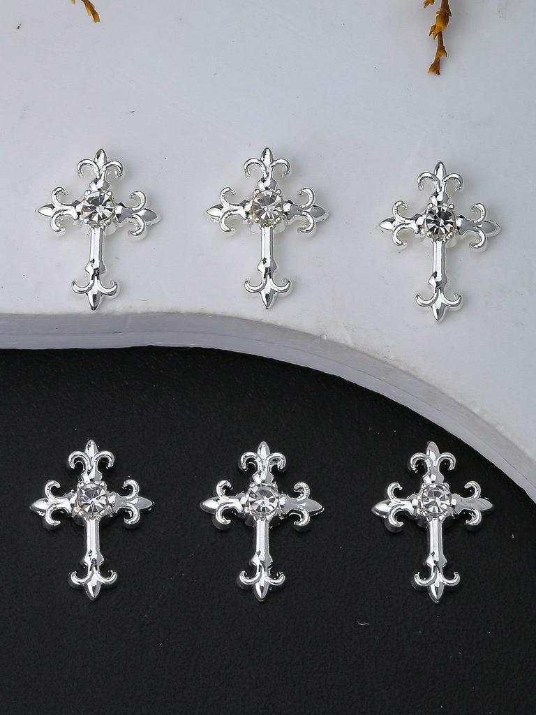 10pcs Gold SilverCross Nail Charms 3D White Pink Rhinestones Nail Art Decorations DIY Nail Gems Nail Supplies