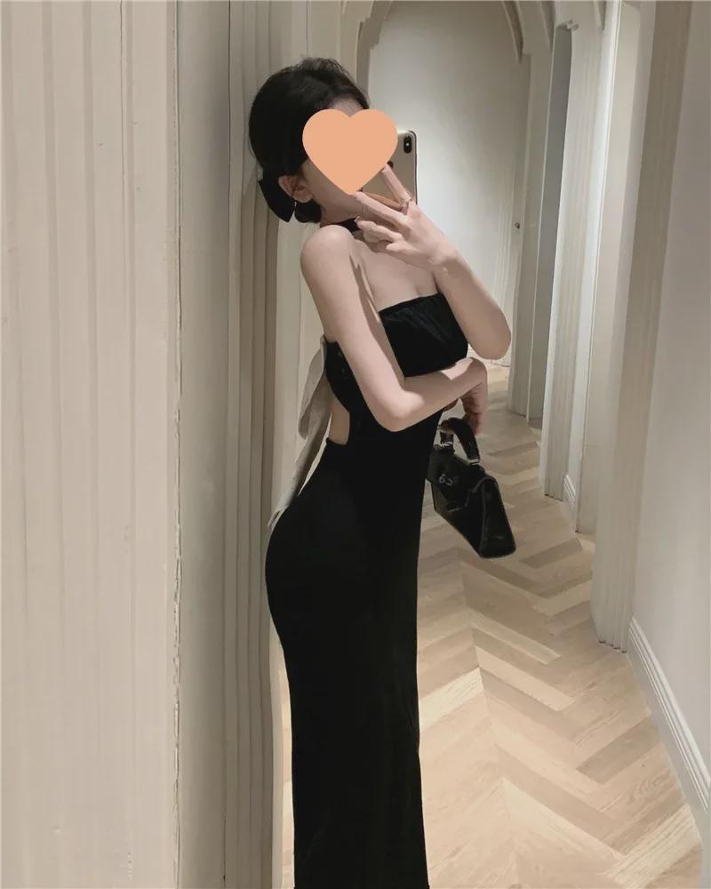 2024 Siyah Halter Yaka Seksi Yaz Elbisesi - Fiyonk Detaylı Slim Fit