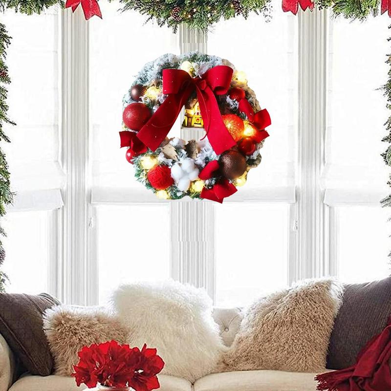 Christmas Snow Wreath Artificial Christmas Door Wreath with Bow Tie Realistic Handmade Led Wreath Holiday Decor for Bedroom