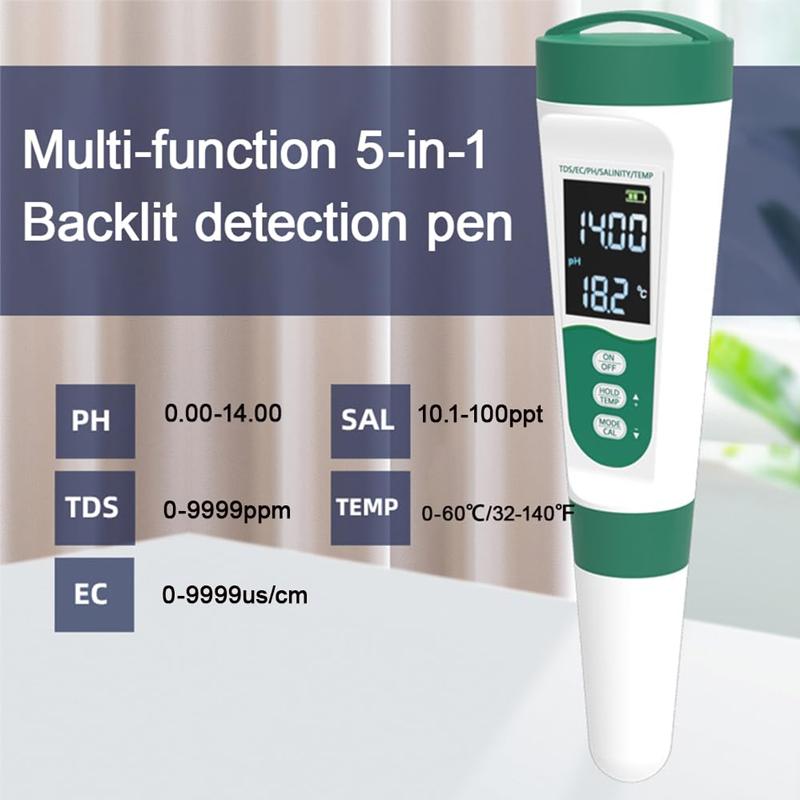 2026 Factory Direct Smart Multifunction 5 in 1 Water Tester PH EC TDS Salinity Temp Meter 0.05 Accuracy