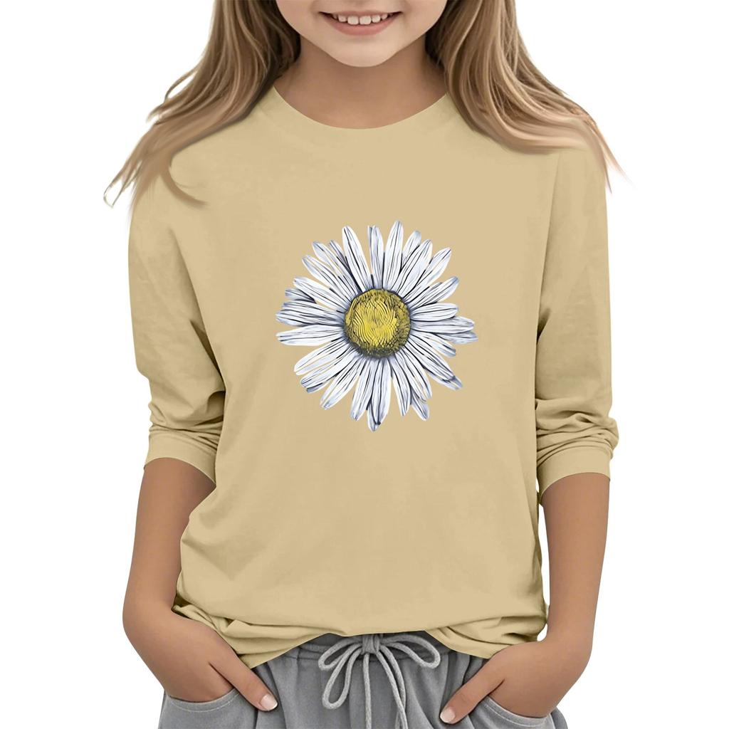 Dziecięcy top z krótkim rękawem 3/4, z okrągłym dekoltem, codzienny, casualowy, z nadrukiem