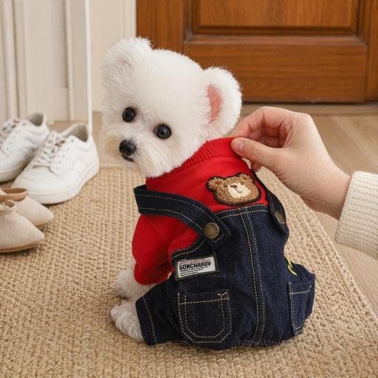 Jijijing Stylish Sweatshirt Dog Jumpsuit, Four Legged Outfit, Cute Bear Embroidery, Denim Romper Pants Onesie Clothes for Small Dogs