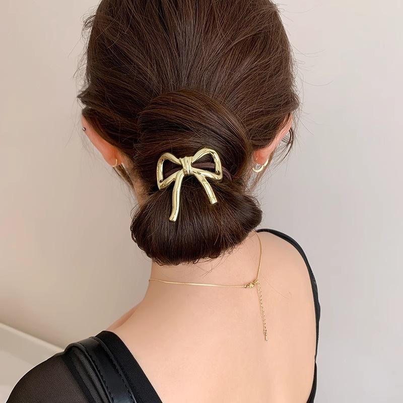 Bowknot Hairpin Gold Color Metal Hollow Barrettes Chic Hair Accessories Back Clip Jewelry Gift Ponytail Hair Rope