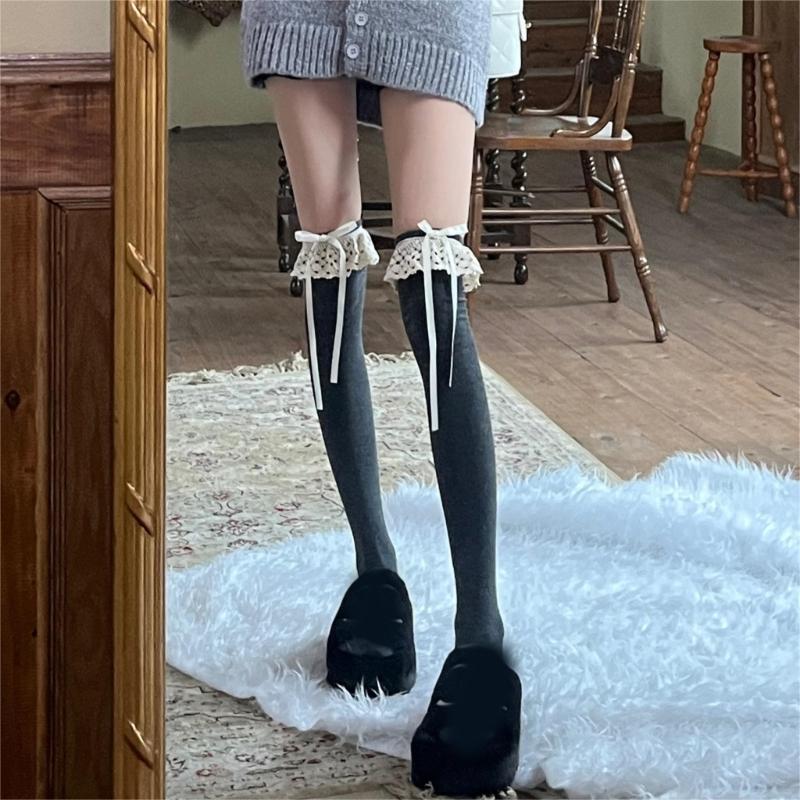 Bas Hauts Style Ballet Doux pour Femmes Bas Hauts Bandes Nœuds Bas Mi-Mollet Chaussettes d'Été Fines Hosierys