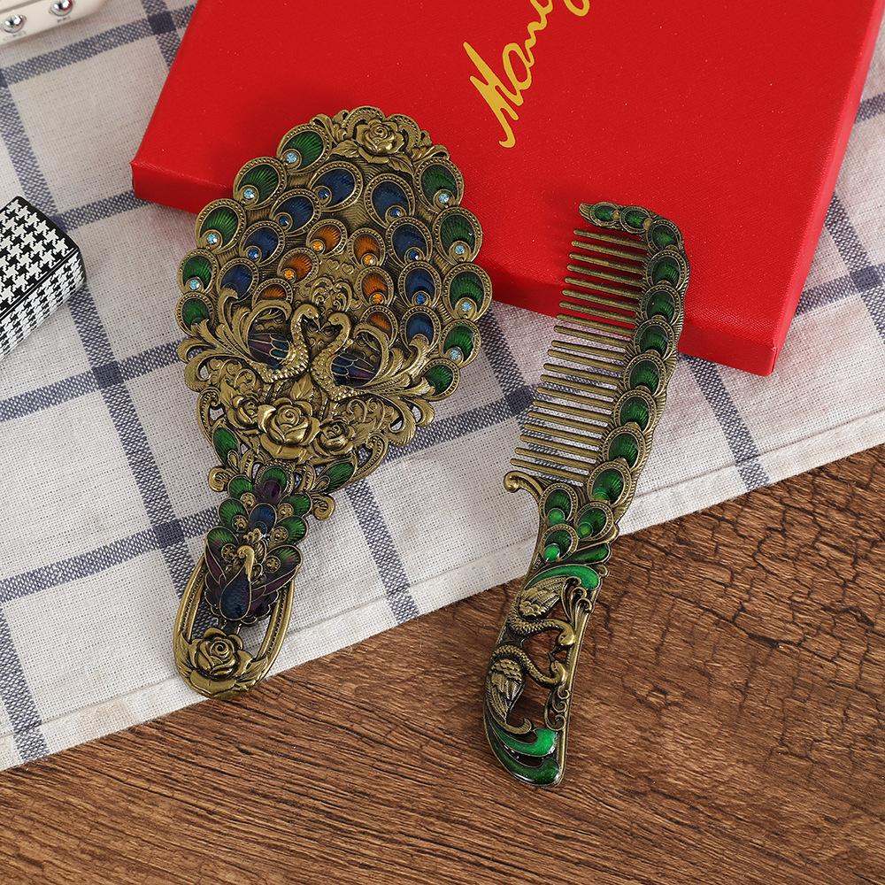 1set Vintage Peacock Makeup Mirror and Comb Women Portable Handheld Travel Vanity Mirror Elegant Retro Design