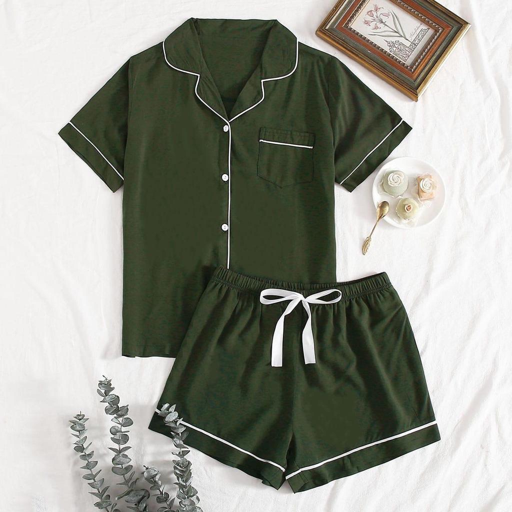 Dam Sommar Pyjamas Set: Kortärmad enfärgad hemmashorts