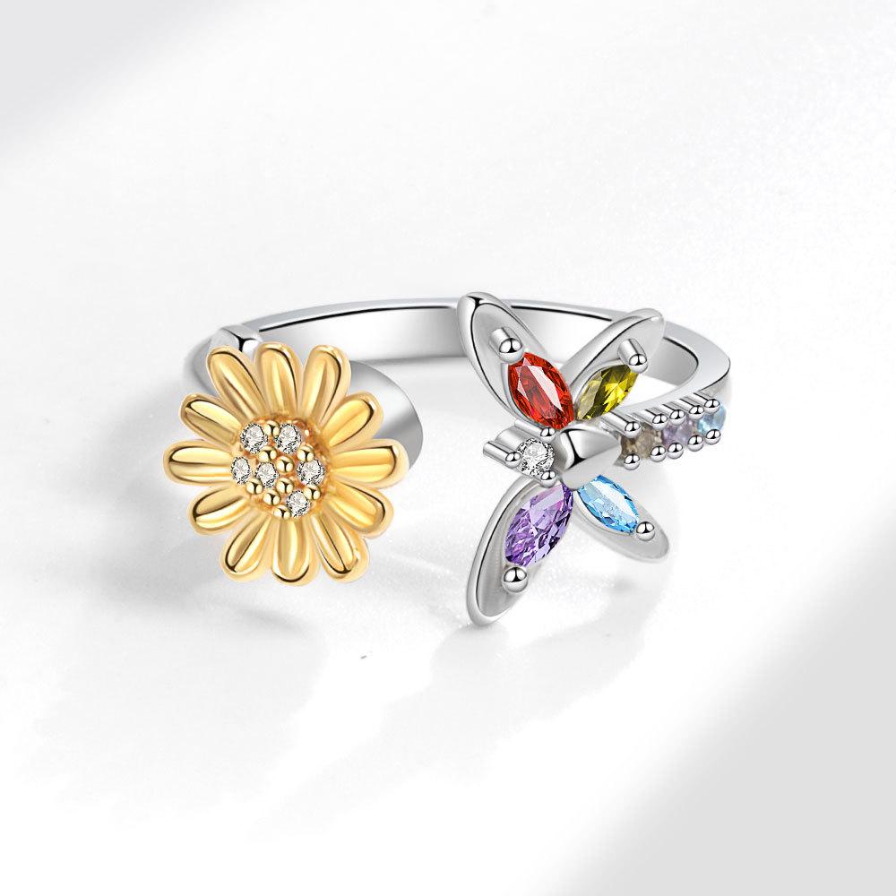 Sunflower Zircon Spinning Ring Adjustable Open Anxiety Relief Stress Fidget Ring For Women Fashion Jewelry Gift