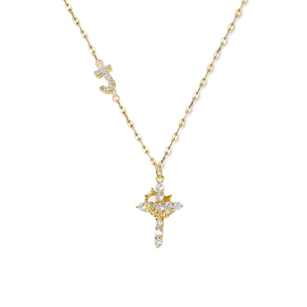 Full Diamond Rotatable Crown Cross with 26 Letter Copper Gold Plated Jewelry Accessory Necklace