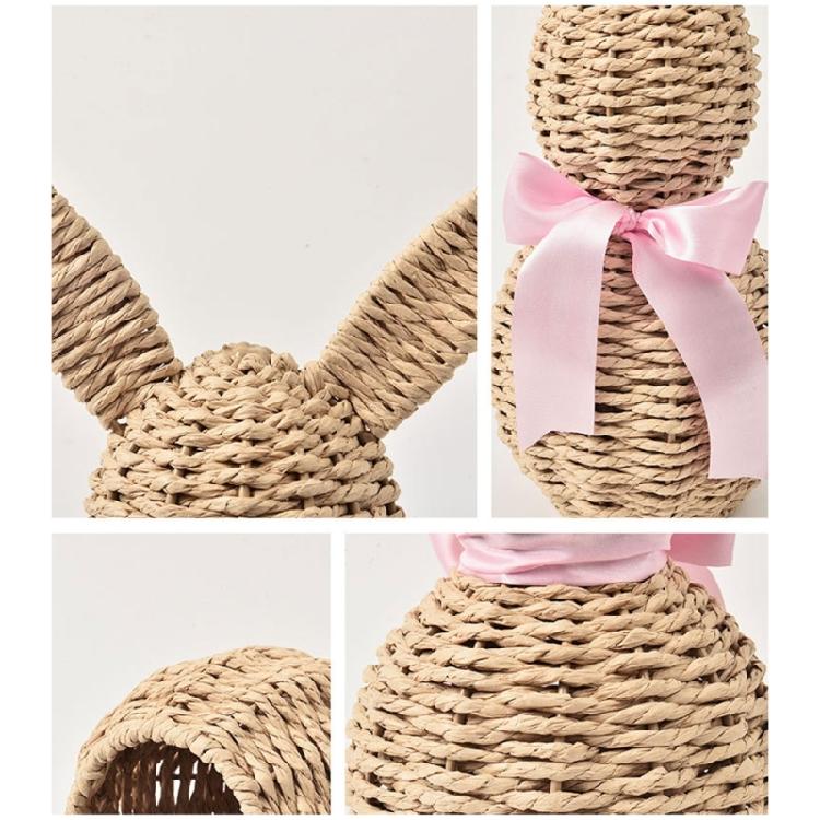 Artistic Woven Faux Rattan Easter Bunnies Figurine Decoration with Bowknot for Farmhouse Home Decors Festives Ornament