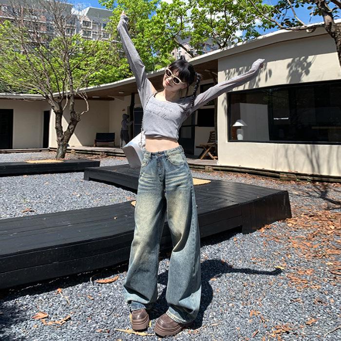 

Women s 2024 High-Waisted Retro Wide-Leg Jeans - Washed, Loose, Slimming Straight Fit for Early Autumn Large