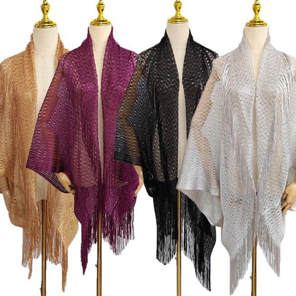 Fashion Tassel Patchwork Women Tulle Shawl V-Neck Cardigans Hollow Summer Scarf Mantilla Lace Veil Party