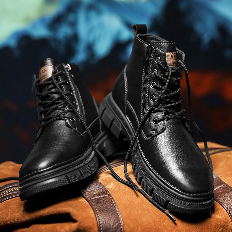 Soft Men's Genuine Leather High Top Shoes Classic Motorcycle Boots Leisure Walk Travel Mid-Calf Ankle Boots Warm Plush Fur Shoes
