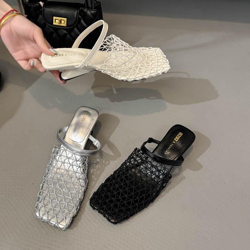 New Popular Summer Slippers Sandals Party Shoes for Women Strange Style Square Toe Shallow Narrow Band Weaving Slip-On