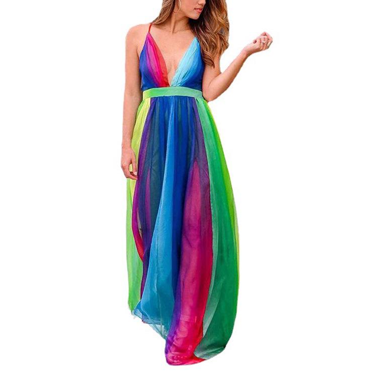 2025 Spring/Summer European & American Women's Sexy Deep V Rainbow Chiffon Dress