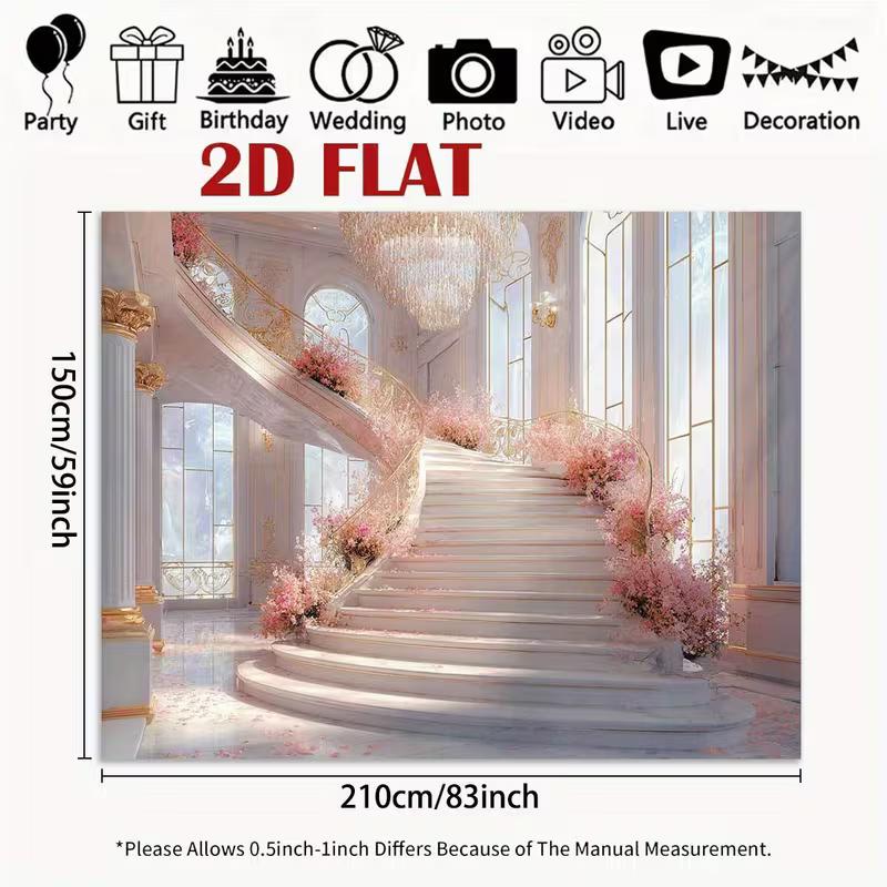 2D Fairytale Pink Staircase Backdrop 2D Flat Print Grand Palace Hall Background for Wedding Events