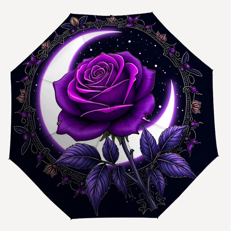 1PC Rose Moon Umbrella-8-Rib Reinforced, Automatic Open, Lightweight & Durable, Cute Fashion Accessory for Outdoor-W9242