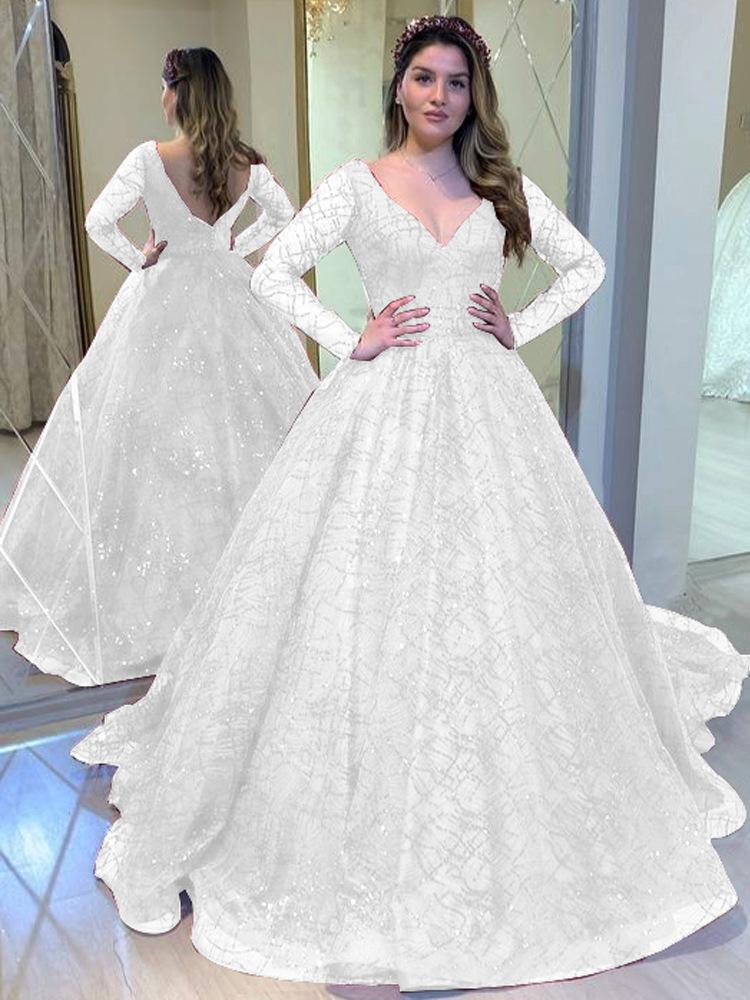 Blue Wedding Dress Autumn and Winter New Long-sleeved Bead Sequined Big Swing Dress Sexy V-neck Banquet Dress New