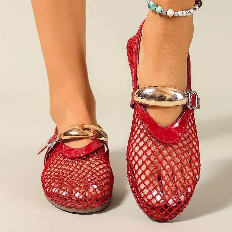 Women Hollow Mesh Mary Jane Flats Strap Breathable Openwork Slip On Casual Summer Flat Shoes