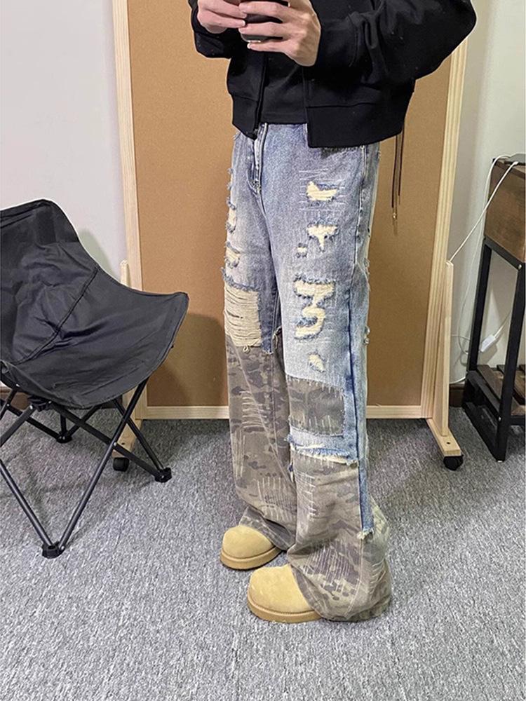 

Мужские джинсы Cleanfit из двух частей в стиле ретро-камуфляж с лоскутным узором XXL синий