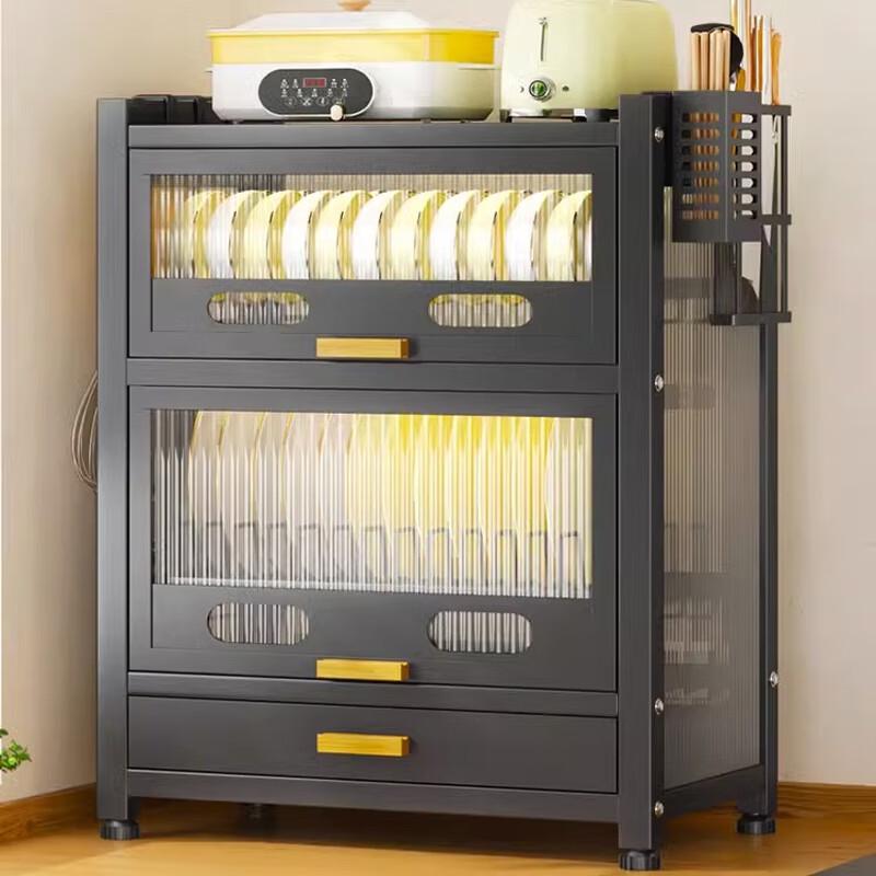 Premium Black 2-Tier Countertop Dish Storage Cabinet with Lid