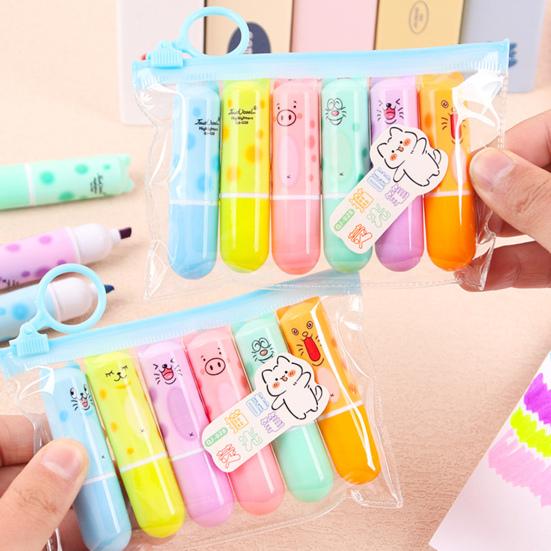 6Pcs Chisel Tip Highlighter Marker, Cute Marker Pen, Cartoon Macaron Highlighter No-Bleed Ink Markers for Journaling, Planners, and Office Documents