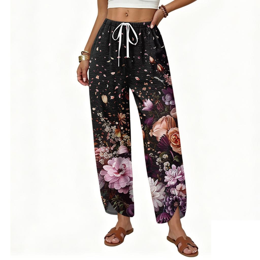 Women’s Casual Loose Straight Leg Wide Leg Pants Drawstring Waistband Printed Trousers Lightweight Relaxed Fit for Daily Wear