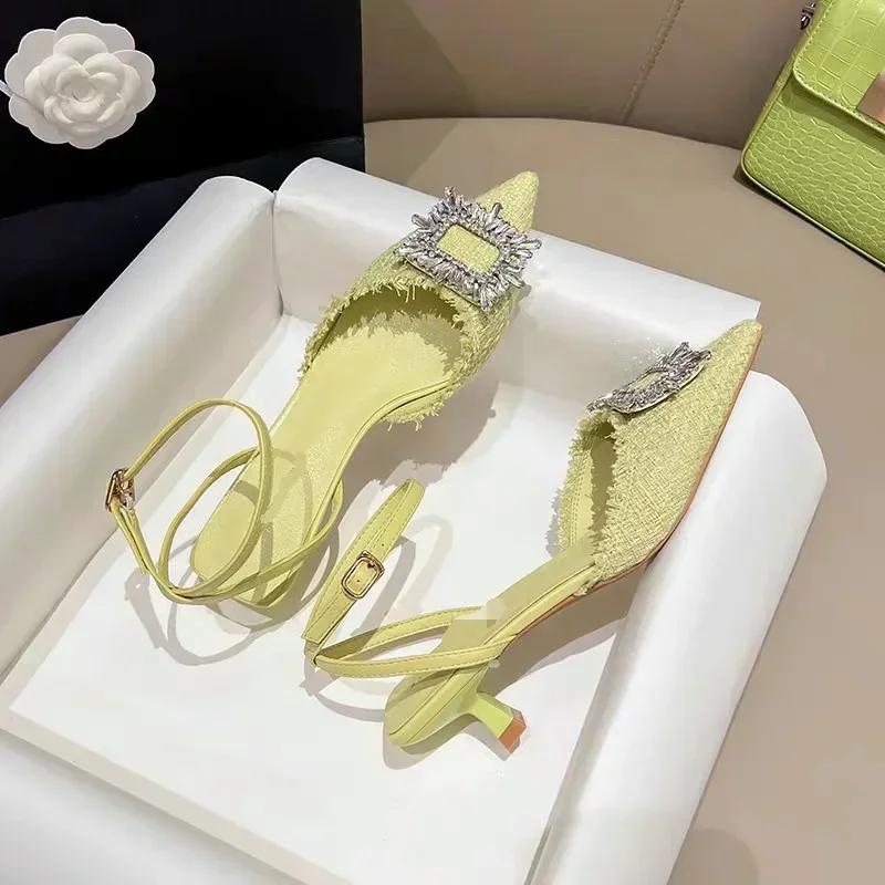 Summer Rhinestones sandalias mujer verano 2024 Fashion Pointed Toe Shallow Slip on Ladies Elegant Slingback Shoes Casual Heels